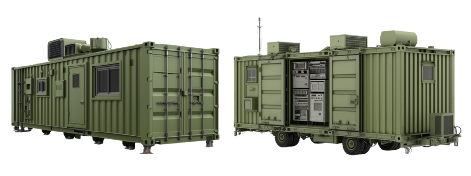 green military container with an open door and doors on the sides, containing electronic equipment inside
