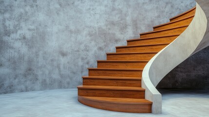 Modern Wooden Spiral Staircase Against Textured Concrete Wall