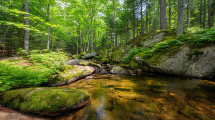 Obraz premium stream. Sunlit forest stream with dappled light reflecting off crystal clear water over rocks. travel magazines, destination branding, designed for travel destination branding, used by researchers.