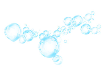 Set of realistic blue soap bubbles in various sizes. Bubbles are located on a transparent background. Water glass bubble realistic