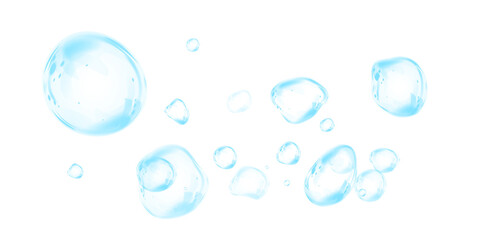 Blue soap bubbles, liquid sphere, foam freshness, underwater floating, vibrant dew, abstract shine, washing concept.