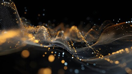 abstract background with bokeh defocused lights and stars. Big data visualization. Futuristic wave. Abstract particle wave. Network connection structure.