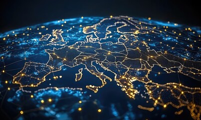 A detailed map of Europe, rendered with glowing points representing connections and cities