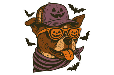 Cool Dog in Spooky Halloween Costume. Retro Pitbull with Pumpkin Hat and Sunglasses Illustration.