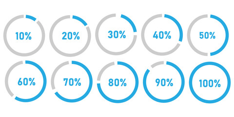 Set of circular sector arc percentage diagrams meters progress bar from 0 to 100.