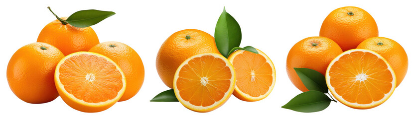 PNG Fresh juicy oranges with leaves, element set on transparent background