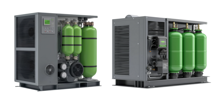 green high-efficiency horizontal air-source heat pump with a grey metal body and green tanks on a white background.