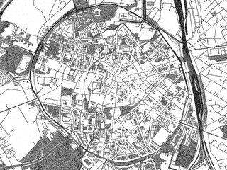 Naklejka premium Black and white cartographic illustration of Leuven Centrum, Belgium, in hand-drawn sketch form.