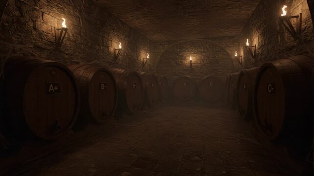 A Captivating View Inside a Dark, Ambient Storage Room Featuring Aging Barrels Lined Up Against Stone Walls, Illuminated by Flickering Torches