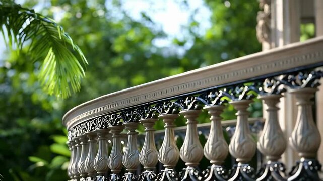 Ornate curved balcony railing with white balusters and intricate black detailing, set against tropical greenery.