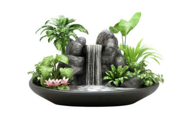 Mini indoor fountain tabletop decoration with realistic flowing water design creating a peaceful and relaxing atmosphere for home interiors isolated on transparent background PNG