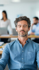 Fototapeta premium Man with closed eyes meditating in office environment. 