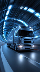 White cargo truck driving fast through modern illuminated tunnel.  
