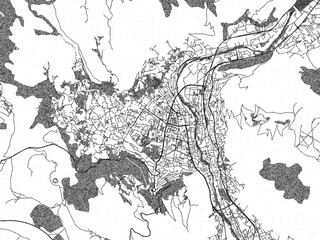 Stylized black and white urban map of Mostar, Bosnia and Herzegovina, hand-drawn for decor and creative use.
