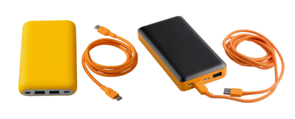 black and yellow power bank with an orange cable, on a white background.