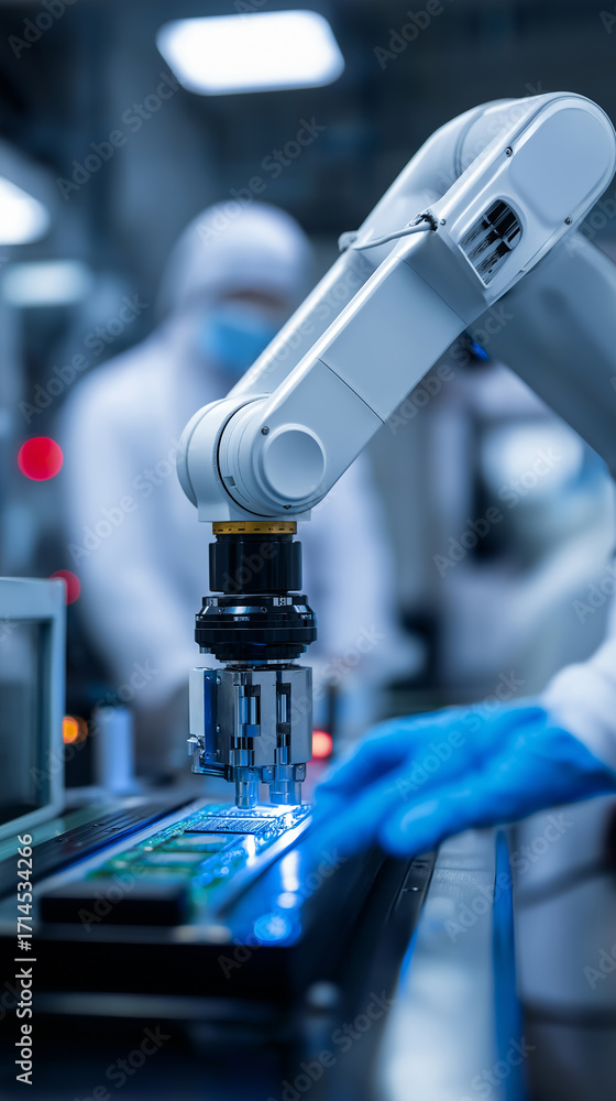 Poster robotic arm working on production line with technician in background.