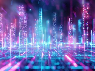 Futuristic cityscape with glowing skyscrapers and neon lights in dark atmosphere, digital landscape background