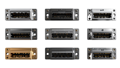 Nine rectangular electronic components, various metallic colors, arranged in a grid