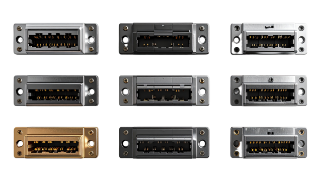 Nine rectangular electronic components, various metallic colors, arranged in a grid