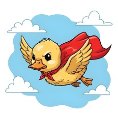 Superhero duck soaring in the sky with red cape, ready to save the day