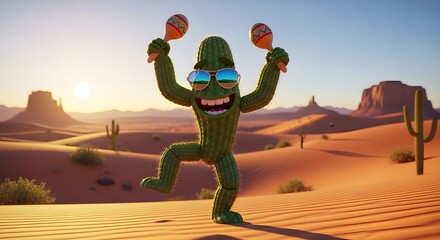 Happy dancing cactus character with maracas enjoys vibrant desert landscape sunset