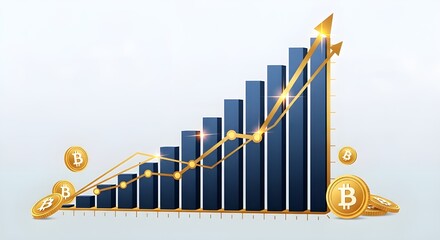 Bitcoin crypto currency rising value with gold chart and coins, financial growth