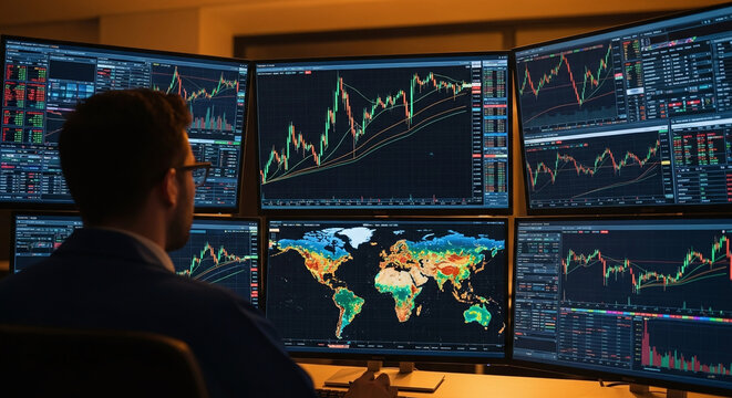 A financial analyst interacting with an AI algorithm for high-frequency trading and risk assessment, multiple monitors displaying complex graphs and stock market data, tense atmosphere