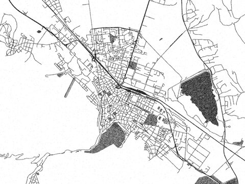 Urban black and white map of BUL, Vratsa, designed in a sketch style for prints.