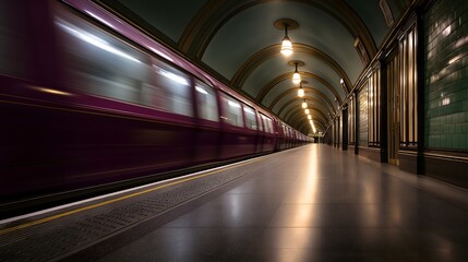Fototapeta premium Dramatic view of abandoned train station with motion blur and jewel-toned seats