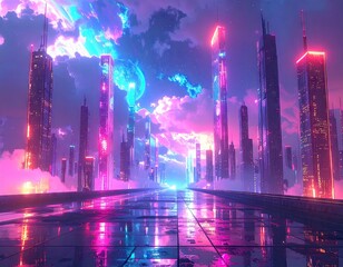 Obraz premium Futuristic Cityscape at Night Glowing Pink and Blue