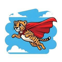 Cheetah superhero soaring through the sky with a red cape, ready for action!