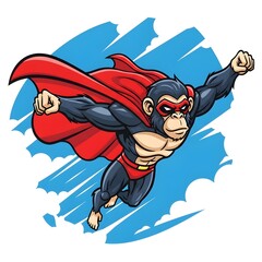 Superhero Chimpanzee Soaring Through Sky with Red Cape and Mask for Comic Book Fun