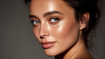 Fototapeta premium Close up portrait of young woman with glowing skin, captivating blue eyes, and natural makeup. soft lighting highlights her features, creating elegant and serene atmosphere