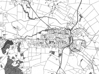 Urban black and white map of Prostejov, Czechia, designed in a sketch style for prints.