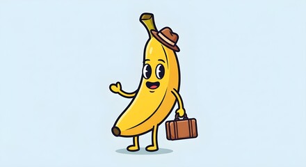 Charming cartoon banana character ready for travel adventure with suitcase and hat