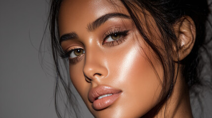 Fototapeta premium Close up portrait of young woman with glowing skin, defined features, and long eyelashes. soft lighting enhances her natural beauty, creating elegant and captivating look