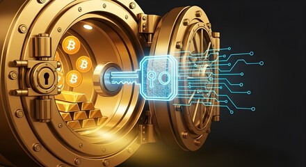 Digital currency secure in golden vault with Bitcoin symbols and digital key