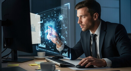 A financial analyst interacting with an AI algorithm for high-frequency trading and risk assessment, multiple monitors displaying complex graphs and stock market data, tense atmosphere