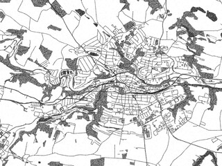 Stylized black and white urban map of Trebic, Czechia, hand-drawn for decor and creative use.