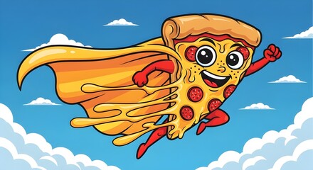 Superhero pizza slice flying high with cape in the sky, fun cartoon illustration