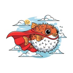 Super Fish Hero Soaring Through the Sky with Clouds and a Smiling Sun