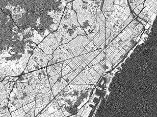 Naklejka premium Black and white illustrated map of Barcelona, Spain, with streets, rivers, and neighborhoods.