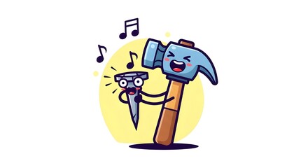 Playful hammer and nail sing a happy song together with musical notes