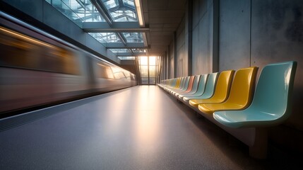 Dramatic view of modern train station with motion blur and sunlit minimalist design