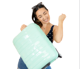 Young traveler woman holding a suitcase raising fist after a victory, winner concept. isolated over transparent background. Holidays concept.