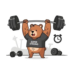 Strong bear lifting weights with barbell, fitness and gym concept illustration