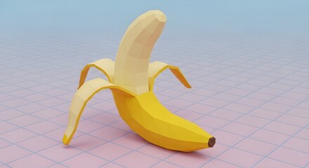 Low poly banana illustration on a grid background for creative design projects