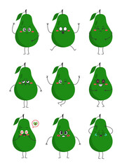 Cartoon avocado character icon set. Avocado mascot emoji set. Vector illustration