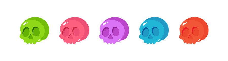 Set of cartoon candy skulls. Human skull half turned icons in different colors. Vector illustration