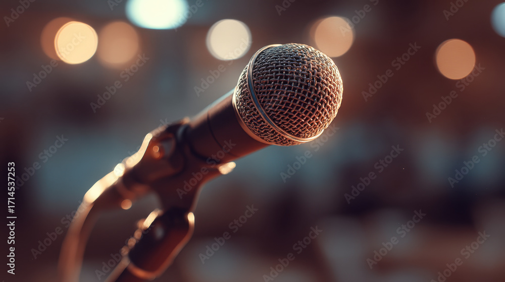 Poster close up of microphone with blurred background, creating warm and inviting atmosphere. image capture